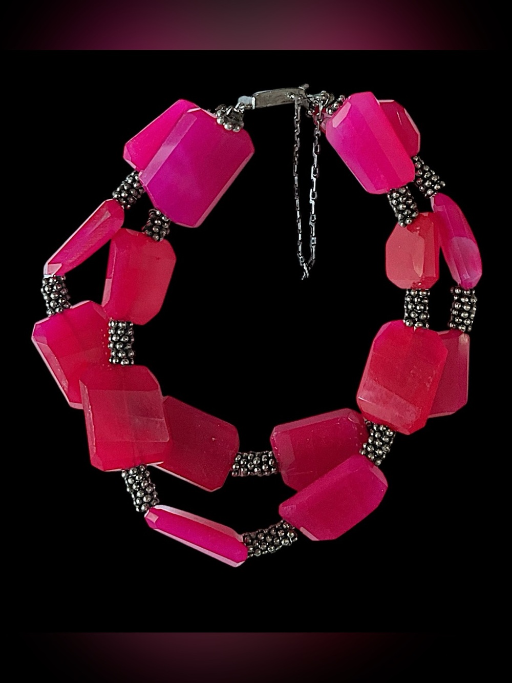 Vintage Sterling Silver Dyed Pink Onyx Beaded Gemstone Bracelet Caviar Silver